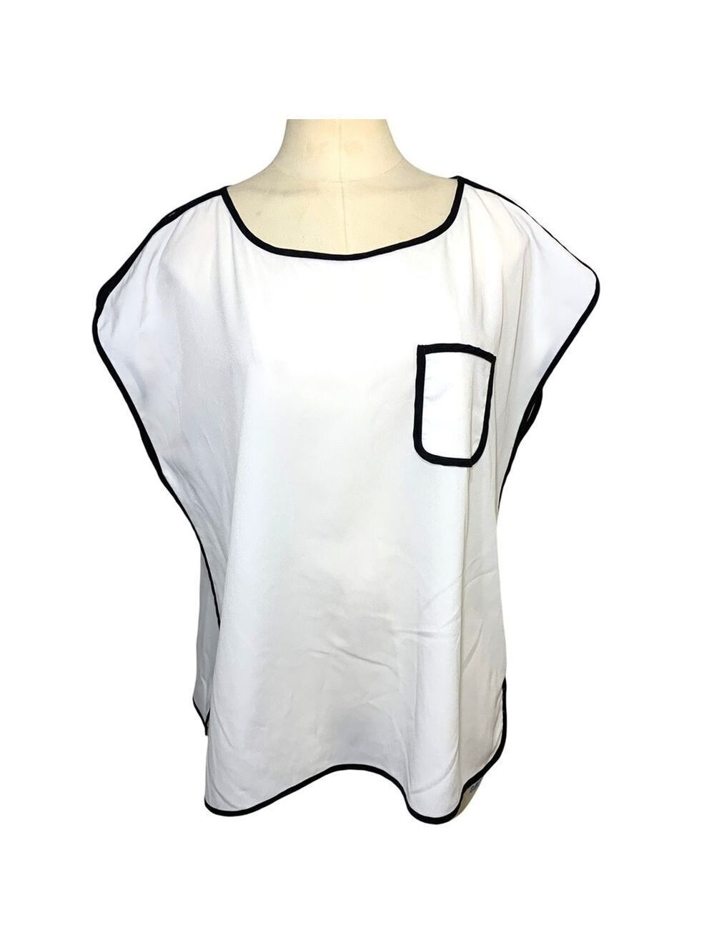 sung Alfred Sung White Black Crepe Blouse Short Sleeves Round Neck Sz L